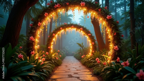 Romantic Floral Light Archway Vector, Decorative Garden Path Scene, Wedding Background and Dreamy Wallpaper