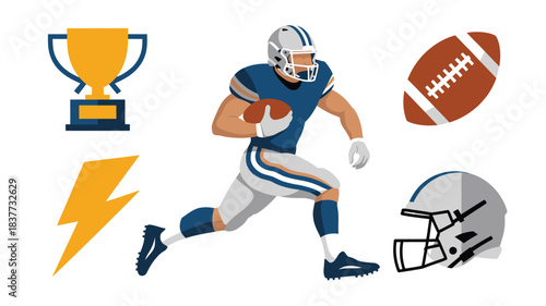 Football Player Running with Ball Alongside Helmet, Trophy, Lightning, Isolated on White Background