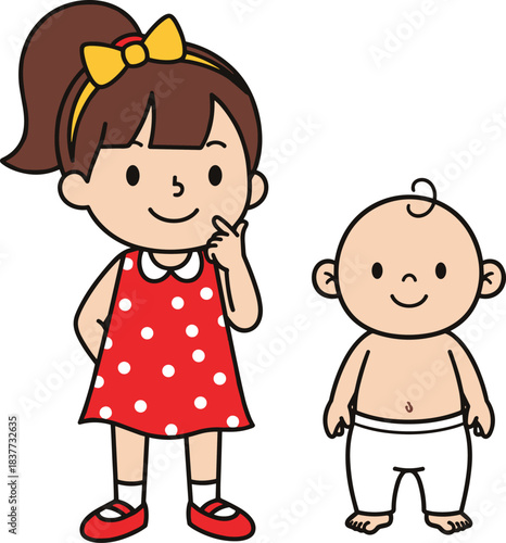 Cartoon girl and baby standing together, sibling relationship concept, age contrast, cute children characters smiling - flat vector illustration