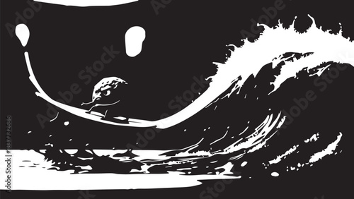 Silhouette of a lone paddler in a canoe moving through dark, choppy water under a stark black and white sky.