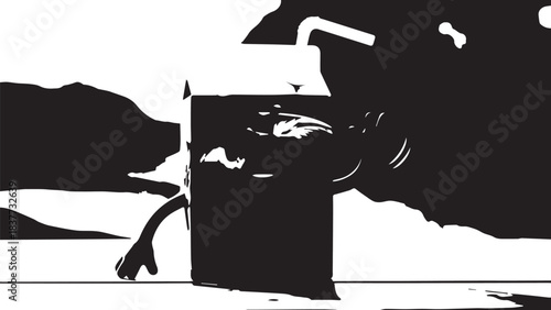 Monochrome still life featuring a glass with straw and tableware in a high-contrast composition.