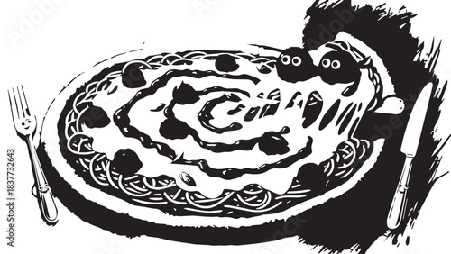 Cartoon illustration of a plated pancake with swirl and utensils.