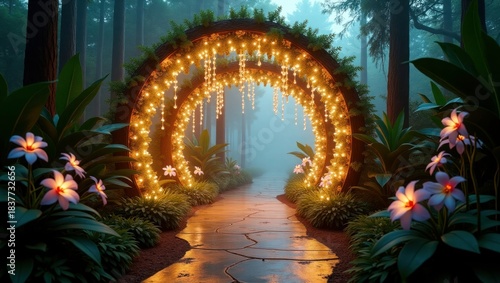 Romantic Floral Light Archway Vector, Decorative Garden Path Scene, Wedding Background and Dreamy Wallpaper