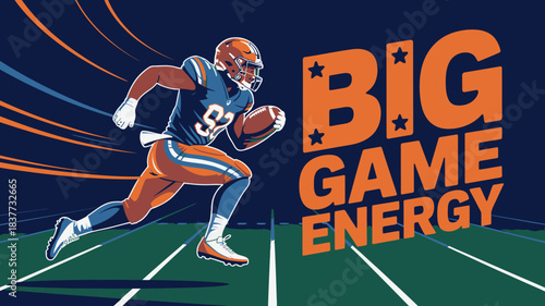 Football Player with Big Game Energy on Field Illustration for Super Bowl Sunday Excitement