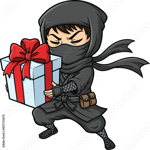 Cartoon ninja holding gift box with red ribbon, stealth pose, humorous contrast, festive surprise character - flat vector illustration