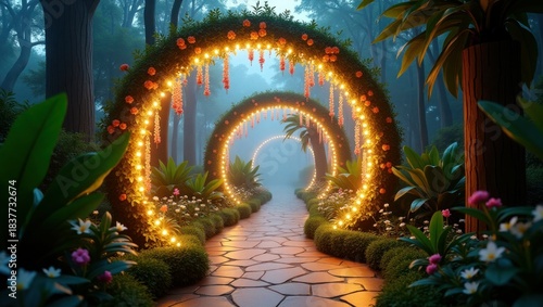 Romantic Floral Light Archway Vector, Decorative Garden Path Scene, Wedding Background and Dreamy Wallpaper