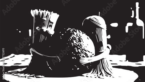 Monochrome still life with skull, hat, bottle and table setting in dramatic studio light.