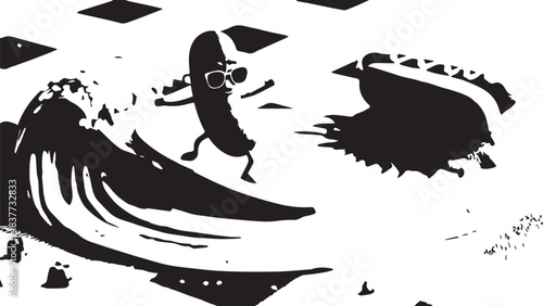 Abstract black and white silhouette of a surfer riding a stylized wave in high contrast artwork.