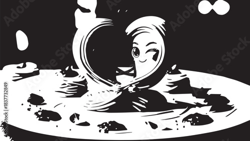 Silhouette of a Person Relaxing in a Circular Pool with Surreal Monochrome Water and Bubbles.
