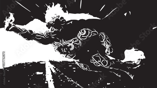 Dynamic high-contrast silhouette of a leaping figure in action.