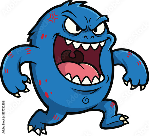 Angry cartoon blue monster with claws, sharp teeth, fierce glare, red marks, expressive pose, comic theme - flat vector illustration