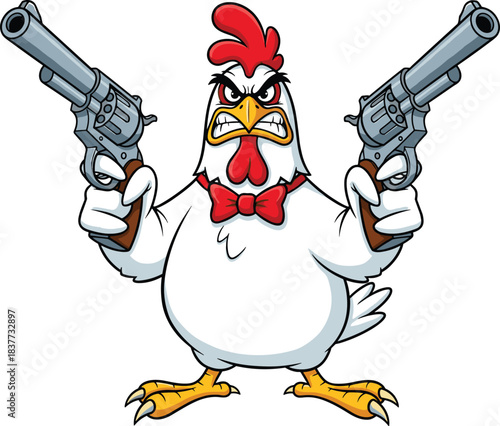 Angry cartoon chicken with revolvers, red bow tie, fierce expression, combative stance, humorous animal character, mascot concept - flat vector illustration
