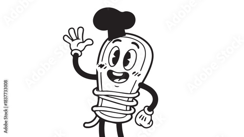 Cheerful cartoon lightbulb mascot waving hello in a friendly illustration.