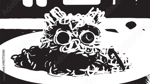 Playful monochrome cartoon creature wearing goggles with big eyes and cute small fur charm.