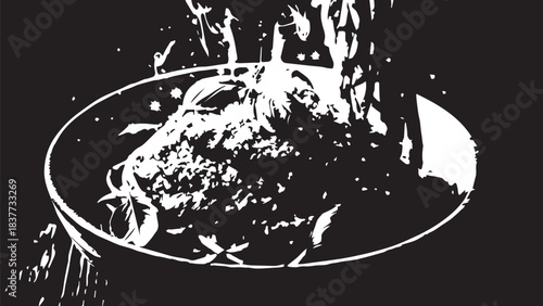 High contrast black and white still life of a bowl with food.