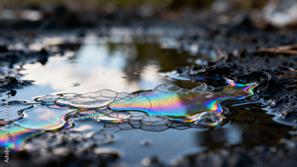Naklejka premium Colorful Soap Bubbles on a Puddle Surface with Reflections and Natural Background