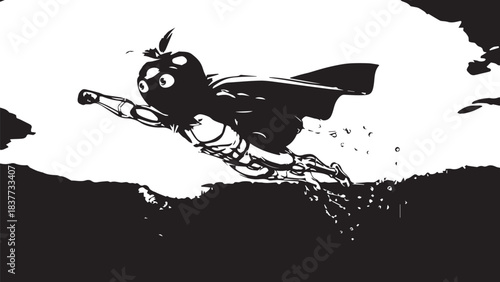 Monochrome silhouette of an insect in flight with bold black and white contrast.