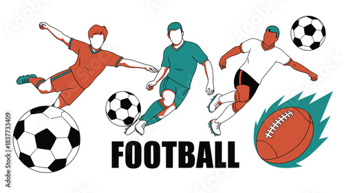 Illustrated Soccer and American Football Players with Balls Ready for Super Bowl Sunday Action
