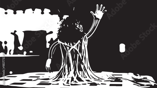 Silhouetted performer raising arms on a dim stage during a dramatic monochrome concert.