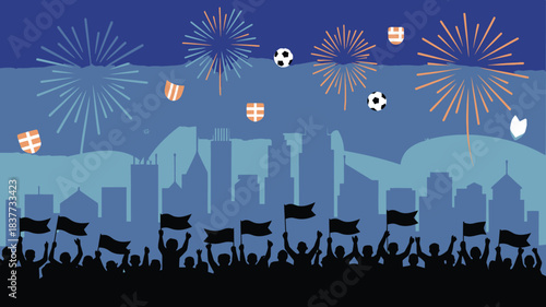 Illustrated Sports Victory Celebration with Fireworks, Soccer Balls, and City Skyline Background