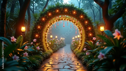 Fantasy Light Tunnel Garden Path Vector, Glowing Archway Scene, Magical Nature Wallpaper Background