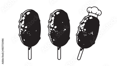 Three Chocolate Covered Popsicles on Sticks in Monochrome Minimalist Style.