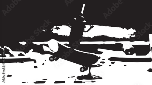 Black and white silhouette of a small propeller airplane on a runway with high contrast sky.