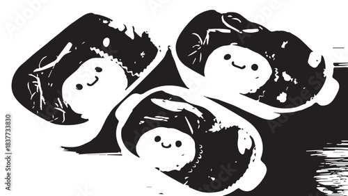Three Stylized Smiling Faces Featured on Circular Black and White Designs.