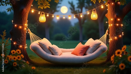 Cozy Garden Hammock Night Scene Vector, Summer Lights and Moon Background, Relaxing Aesthetic Wallpaper