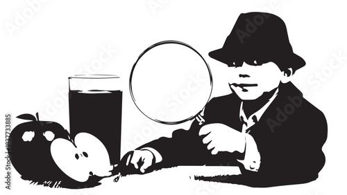 Vintage detective at a desk examining clues with a magnifying glass in a classic noir illustration.