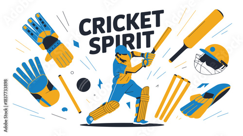 Illustration of Cricket Player in Action with Bat, Helmet, and Protective Gear