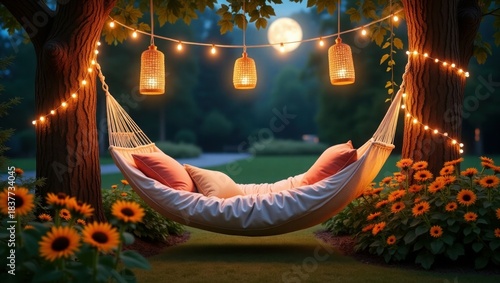 Cozy Garden Hammock Night Scene Vector, Summer Lights and Moon Background, Relaxing Aesthetic Wallpaper