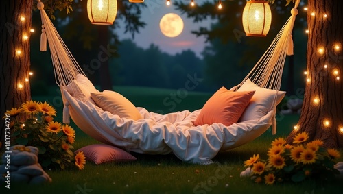 Cozy Garden Hammock Night Scene Vector, Summer Lights and Moon Background, Relaxing Aesthetic Wallpaper