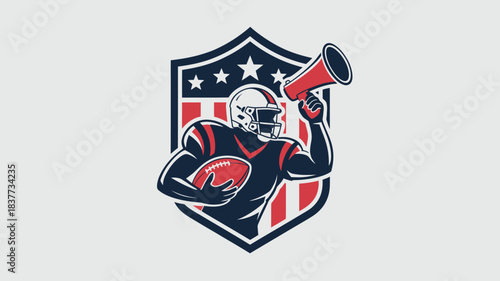 Patriotic American Football Player Holding Ball and Megaphone Over Stars and Stripes Shield Design