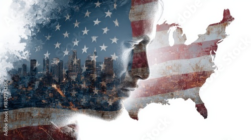 Patriotic Vision: A composite image intertwines the American flag, a profile, and a map of the United States. Illustrating patriotism and the country's unity and identity.