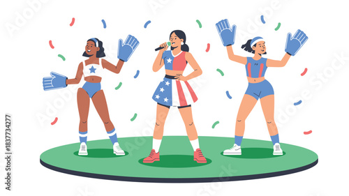 Patriotic Cheerleaders with Foam Fingers Performing on Green Platform with Confetti for Super Bowl Sunday Celebration