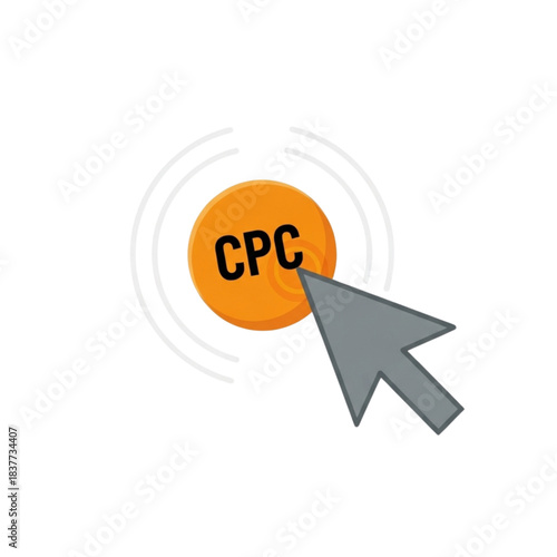 CPC cost per click icon concept. Computer mouse cursor clicking on orange button. Digital marketing online advertising symbol vector illustration isolated on white background.