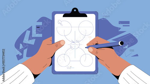 Person Drafting a Football Play Diagram on Clipboard, Visualizing Super Bowl Strategy for Sunday