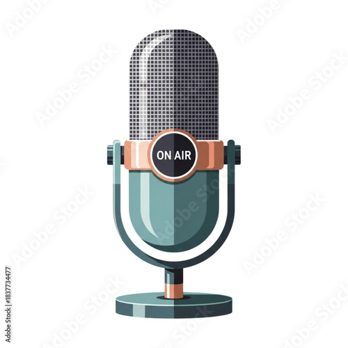 Retro studio microphone with On Air sign isolated on white background. Vintage vector illustration for podcast, radio broadcasting and voice recording. Flat audio equipment icon art