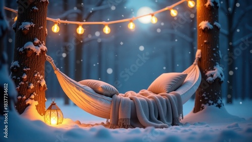 Winter Night Hammock Scene Vector, Cozy Snow Landscape with Lights, Dreamy Relaxation Wallpaper Background