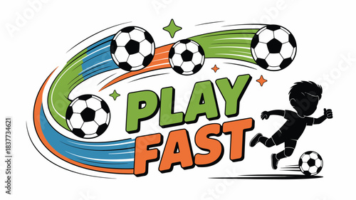 Play Fast Soccer Cartoon Boy Kicking Ball with Dynamic Motion Trails and Stars