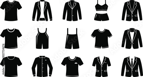 Black and White Illustration of Various Clothing Items Including Shirts, Blazers, and Overalls