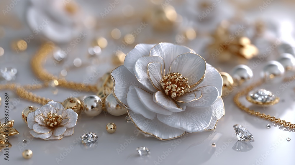Fototapeta premium Elegant Diamond Flowers with Gold Ornaments on a White Silk Background.