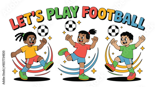 Playful Cartoon Three Cheerful Children Ready to Play Football, Colorful Outfits, Bright Design