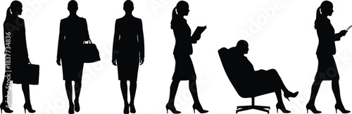 Professional business women black silhouettes vector pack illustrating female success, leadership, diverse corporate roles, and modern executive careers on white background.
