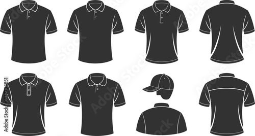 Black Polo Shirt Designs Illustration Front, Back Views and Cap Mockup Set