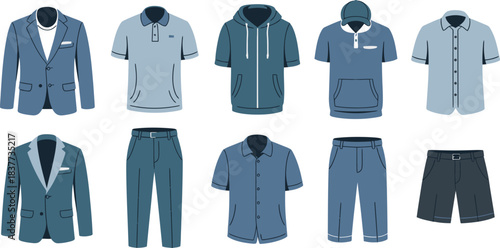 Blue Men's Apparel Illustration Blazers, Polo Shirts, Hoodies, ButtonDowns, Baseball Caps, Trousers and Shorts