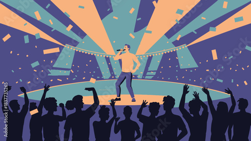 Singer Performing on Stage with Confetti and Cheering Crowd Illustration for Concerts