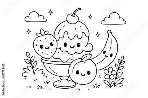 Cute Kawaii Ice Cream Sundae with Strawberry, Peach, Banana, and Flowers Coloring Page