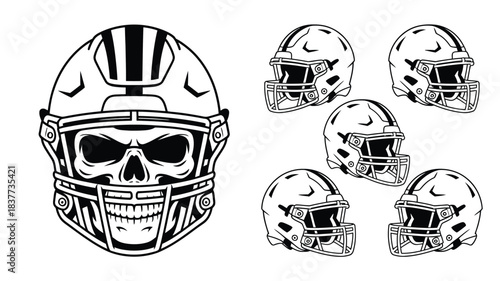 Skull in Football Helmet Various Helmet Outlines Illustration for Sports or Events